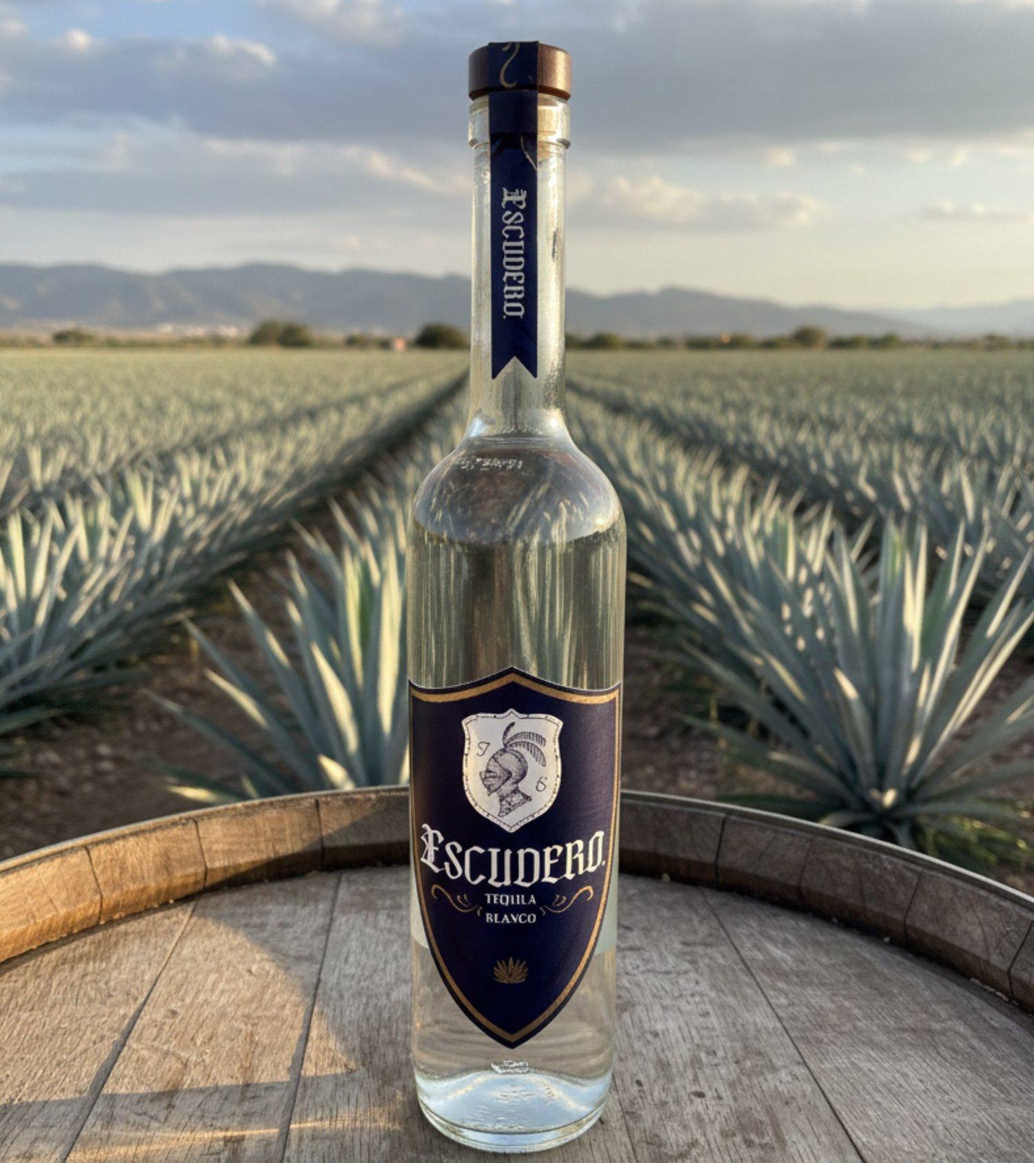 Botella de Tequila Escudero sobre una barrica, en un campo de agave de Arandas, Jalisco